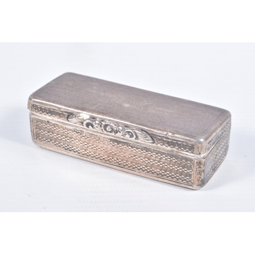 103 - AN EARLY VICTORIAN NATHANIEL MILLS SILVER SNUFF BOX, the rectangular shape with engine turned banded... 