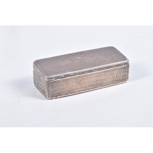 103 - AN EARLY VICTORIAN NATHANIEL MILLS SILVER SNUFF BOX, the rectangular shape with engine turned banded... 