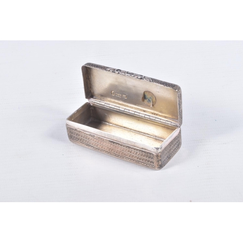 103 - AN EARLY VICTORIAN NATHANIEL MILLS SILVER SNUFF BOX, the rectangular shape with engine turned banded... 