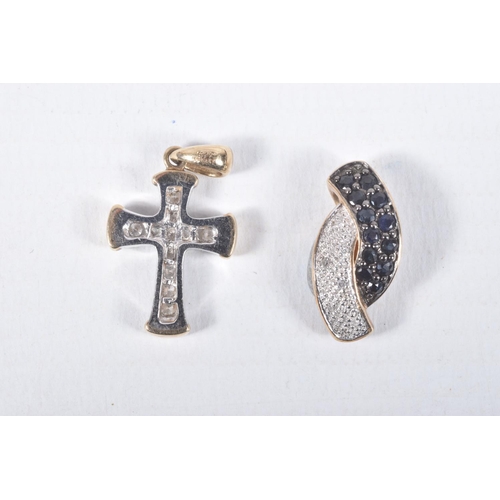 15 - TWO 9CT GOLD GEM SET PENDANTS, the first a bi-colour cross pendant set with colourless diamonds, fit... 