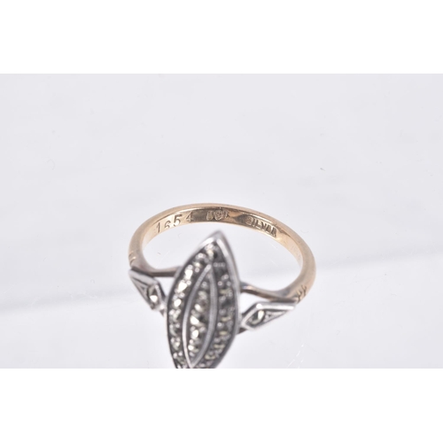 17 - A RING AND A PAIR OF EARRINGS, marquise ring set with marcasite, in a wihte metal mount, leading ont... 