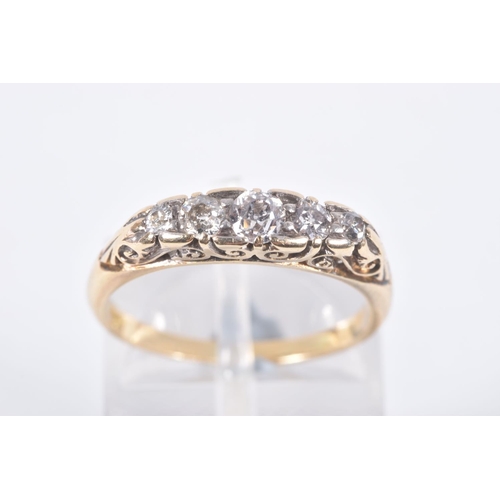 19 - A YELLOW METAL FIVE STONE DIAMOND RING, set with five graduated old cut diamonds, each claw set in a... 