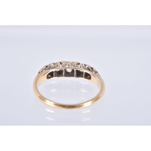 19 - A YELLOW METAL FIVE STONE DIAMOND RING, set with five graduated old cut diamonds, each claw set in a... 