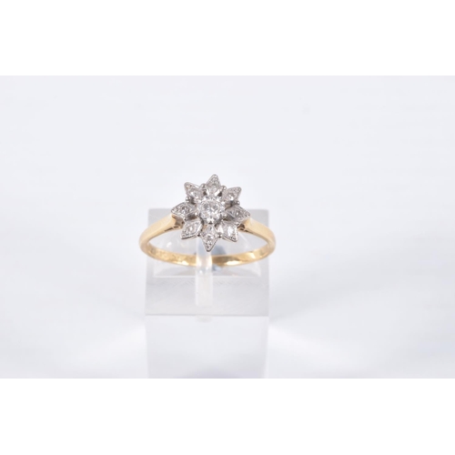 25 - A DIAMOND CLUSTER RING, the central brilliant cut diamond in a star setting within a tiered single c... 