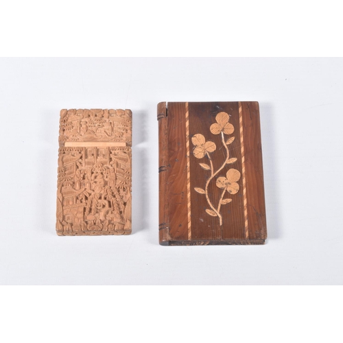 26 - TWO WOODEN CARD CASES, the first a Chinese carved case with detachable lid, the second designed as a... 