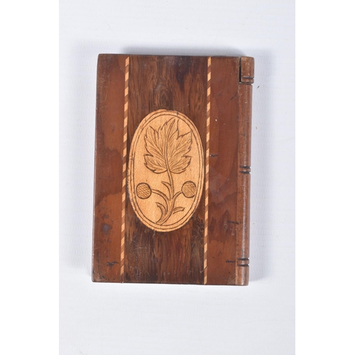 26 - TWO WOODEN CARD CASES, the first a Chinese carved case with detachable lid, the second designed as a... 