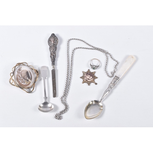 31 - A SMALL PARCEL OF SILVER, GILT METAL, ETC, including a Victorian gilt metal hair mourning brooch, a ... 