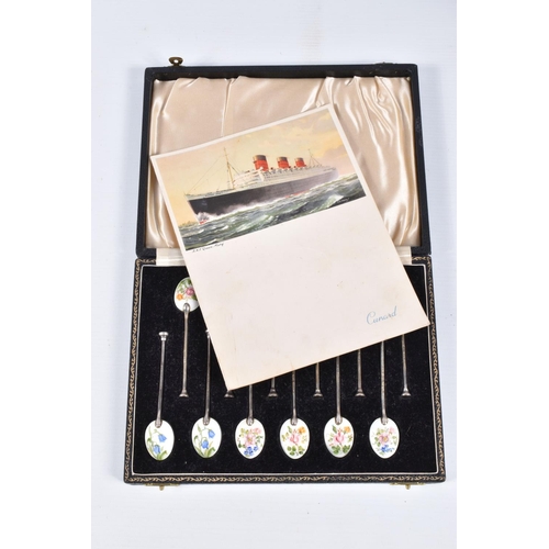 32 - CUNARD INTEREST, A CASED SET OF TWELVE SILVER AND ENAMEL COFFEE SPOONS AND A SIGNED CUNARD QUEEN MAR... 