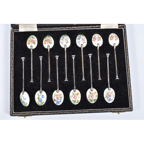 32 - CUNARD INTEREST, A CASED SET OF TWELVE SILVER AND ENAMEL COFFEE SPOONS AND A SIGNED CUNARD QUEEN MAR... 