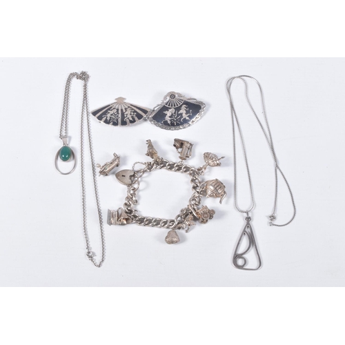 35 - A SMALL BAG OF ASSORTED WHITE METAL JEWELLERY, to include a silver charm bracelet fitted with eight ... 