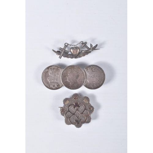 39 - THREE BROOCHES, to include a faith, hope and charity detailed sweetheart brooch, hallmarked 'H.C & C... 