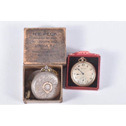 41 - TWO POCKET WATCHES, the first a gold plated, manual wind, open face watch, round silver engine turne... 