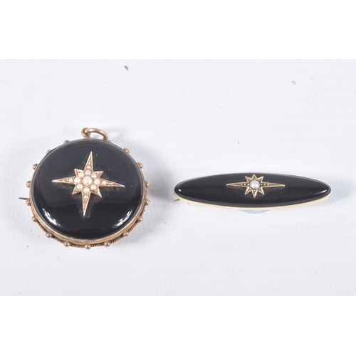 44 - TWO LATE VICTORIAN ONYX AND SPLIT PEARL MEMORIAL BROOCHES, the first of circular outline with centra... 