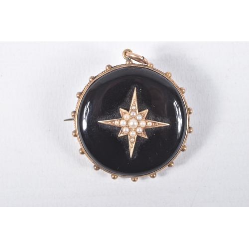 44 - TWO LATE VICTORIAN ONYX AND SPLIT PEARL MEMORIAL BROOCHES, the first of circular outline with centra... 