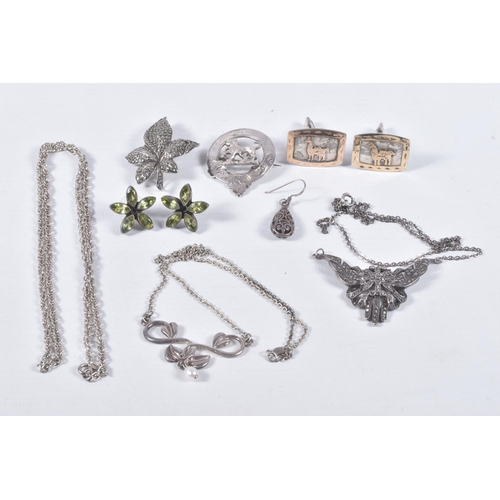 47 - AN ASSORTMENT OF SILVER AND WHITE METAL JEWELLERY, to include a silver military badge, hallmarked Ed... 