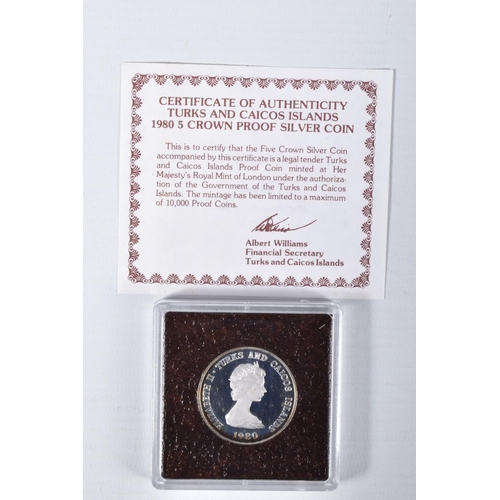 51 - AN ASSORTMENT OF COINS, to include a set of four Turks and Caicos silver proof coins, with certifica... 