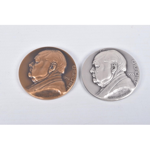 55 - TWO CHURCHILL MEDALLIONS, to include a bronze and a silver medallion, both dated 1945, approximate b... 