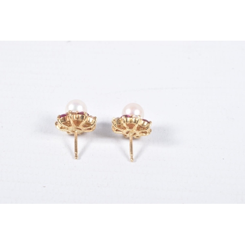 59 - A PAIR OF YELLOW METAL CULTURED PEARL AND GEM SET EARRINGS, each set with a single cultured pearl, i... 