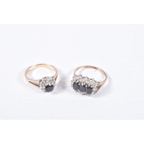 64 - TWO 9CT GOLD SAPPHIRE DRESS RINGS, the first designed as a circular sapphire within a single cut dia... 