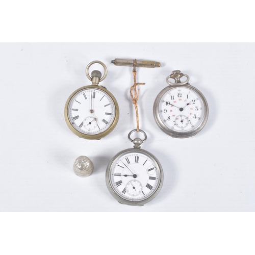 71 - THREE OPEN FACE POCKET WATCHES, three white metal open face pocket watches, two with Roman numerals ... 