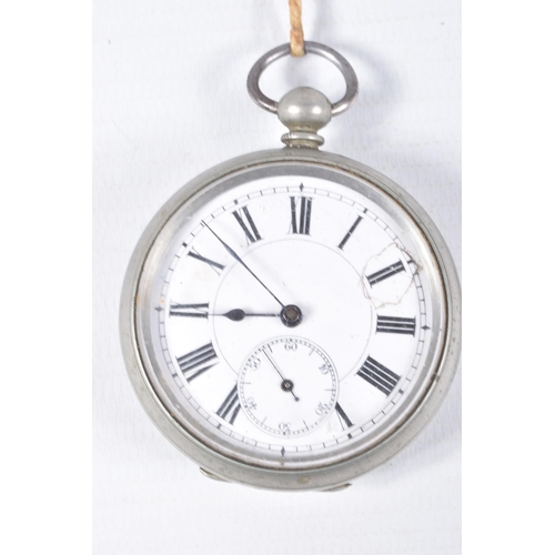 71 - THREE OPEN FACE POCKET WATCHES, three white metal open face pocket watches, two with Roman numerals ... 