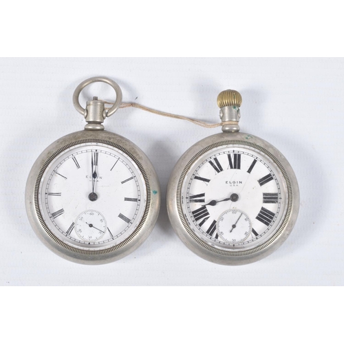 72 - TWO OPEN FACE 'ELGIN' POCKET WATCHES, both manual wind, round white dials with Roman numerals, each ... 