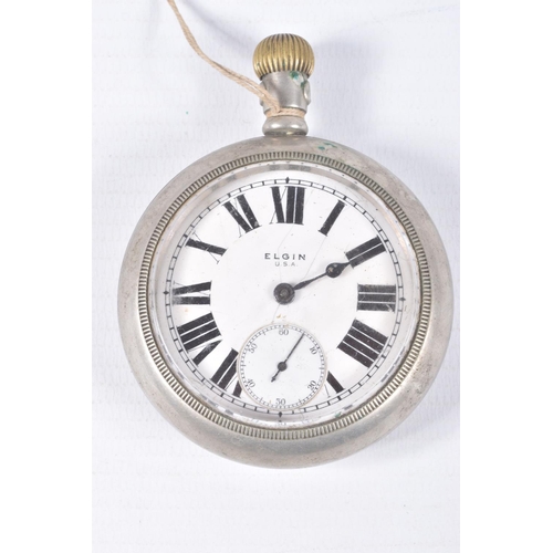 72 - TWO OPEN FACE 'ELGIN' POCKET WATCHES, both manual wind, round white dials with Roman numerals, each ... 