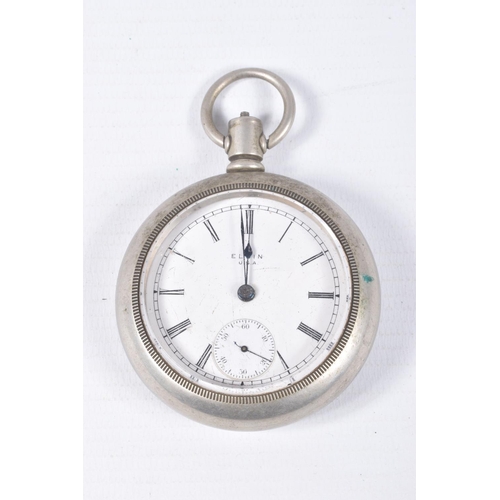 72 - TWO OPEN FACE 'ELGIN' POCKET WATCHES, both manual wind, round white dials with Roman numerals, each ... 