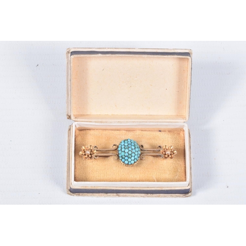 75 - A VICTORIAN TURQUOISE BROOCH, a principally positioned pave set turquoise dome, leading on to scroll... 