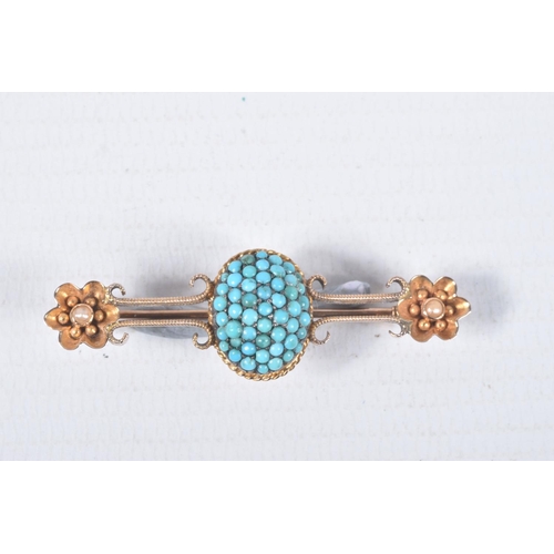 75 - A VICTORIAN TURQUOISE BROOCH, a principally positioned pave set turquoise dome, leading on to scroll... 