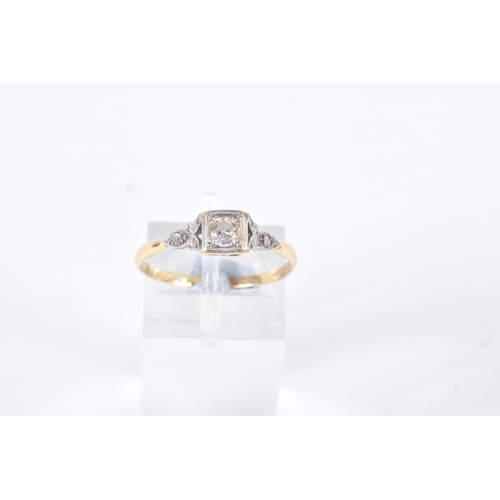 84 - A DIAMOND RING, designed as a round brilliant cut diamond within a square setting with diamond detai... 