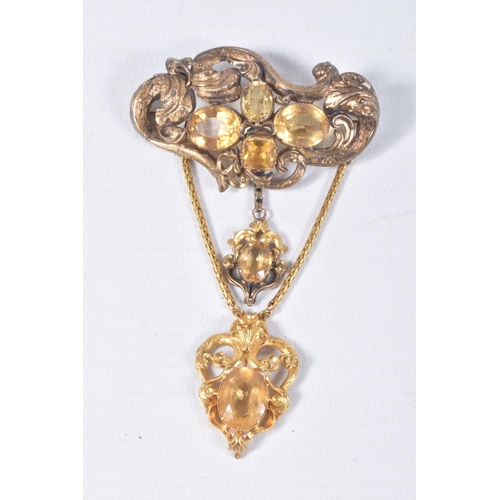 86 - A VICTORIAN YELLOW METAL CITRINE DROP BROOCH, scrolling foliate brooch set with oval and square cut ... 