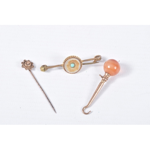 91 - A SMALL ASSORTMENT OF ITEMS, to include a yellow metal stick pin stamped 9ct, a large painted porcel... 