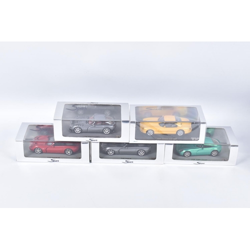 110 - FIVE BOXED SPARK MODEL MINIMAX VEHICLES, the first is a TVR Sagaris 2005, numbered S0218, in Dark Si... 