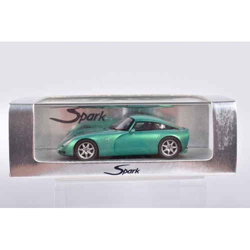 110 - FIVE BOXED SPARK MODEL MINIMAX VEHICLES, the first is a TVR Sagaris 2005, numbered S0218, in Dark Si... 