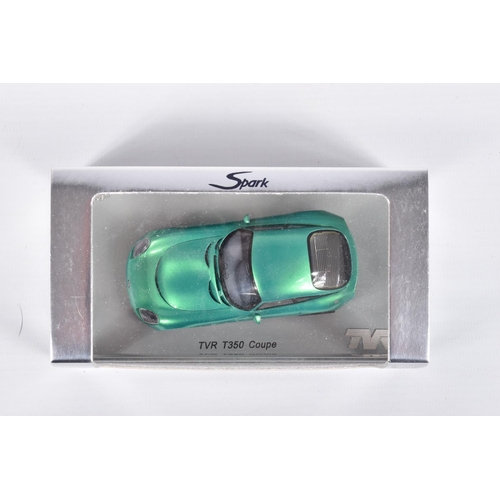 110 - FIVE BOXED SPARK MODEL MINIMAX VEHICLES, the first is a TVR Sagaris 2005, numbered S0218, in Dark Si... 