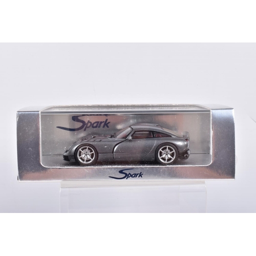 110 - FIVE BOXED SPARK MODEL MINIMAX VEHICLES, the first is a TVR Sagaris 2005, numbered S0218, in Dark Si... 