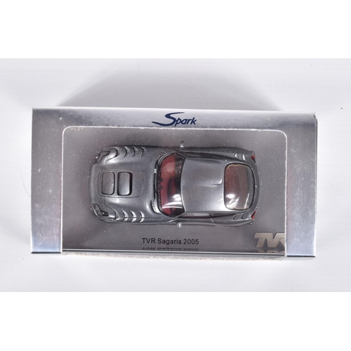 110 - FIVE BOXED SPARK MODEL MINIMAX VEHICLES, the first is a TVR Sagaris 2005, numbered S0218, in Dark Si... 