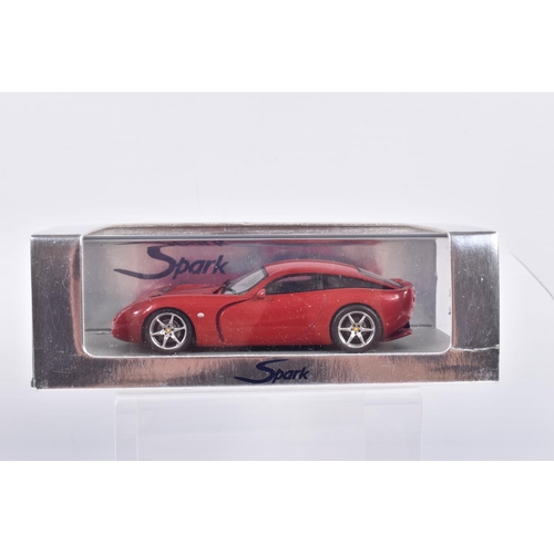 110 - FIVE BOXED SPARK MODEL MINIMAX VEHICLES, the first is a TVR Sagaris 2005, numbered S0218, in Dark Si... 