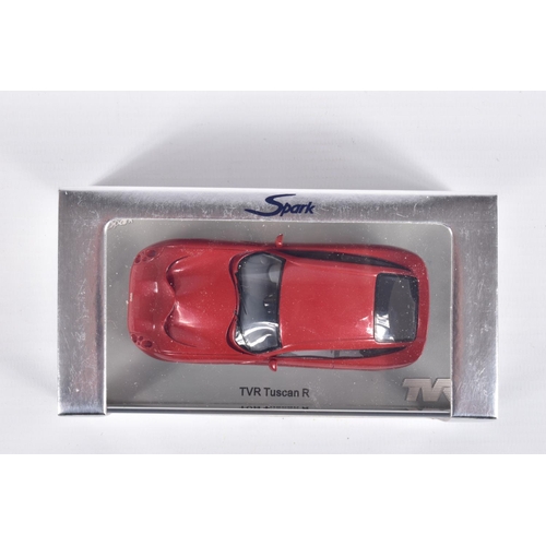 110 - FIVE BOXED SPARK MODEL MINIMAX VEHICLES, the first is a TVR Sagaris 2005, numbered S0218, in Dark Si... 