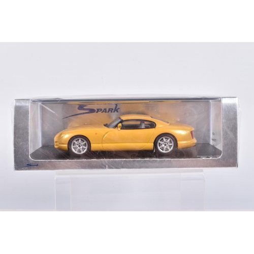 110 - FIVE BOXED SPARK MODEL MINIMAX VEHICLES, the first is a TVR Sagaris 2005, numbered S0218, in Dark Si... 