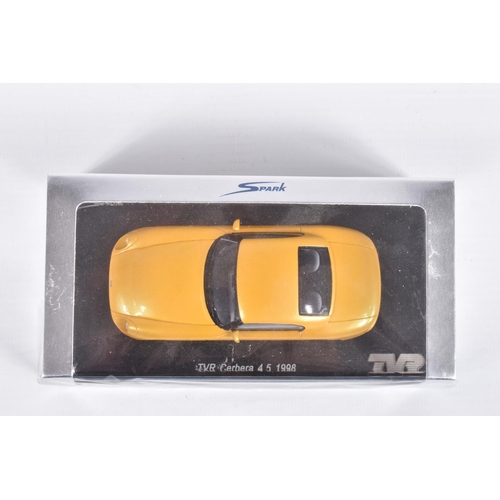 110 - FIVE BOXED SPARK MODEL MINIMAX VEHICLES, the first is a TVR Sagaris 2005, numbered S0218, in Dark Si... 