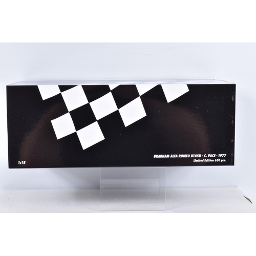 142 - A BOXED LIMITED EDITION MINICHAMPS 1:18 SCALE BRABHAM ALFA ROMEO BT45B C.PACE 1977 DIECAST MODEL VEH... 