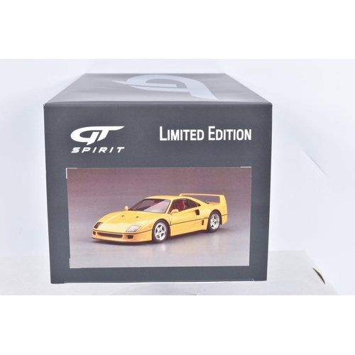 143 - A BOXED LIMITED EDITION 1:18 SCALE GT SPIRIT GT839 DIECAST MODEL VEHICLE, F40 yellow, appears in new... 