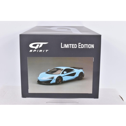 144 - A BOXED LIMITED EDITION 1:18 SCALE GT SPIRIT GT310 DIECAST MODEL VEHICLE, Mcl 660LT, box has Mclaren... 