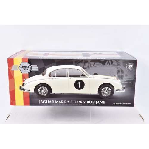 154 - TWO BOXED MODEL ICONS 1:18 SCALE DIECAST VEHICLES, the first is a Jaguar Mark 2 1962 3.8 Bob Jane, n... 