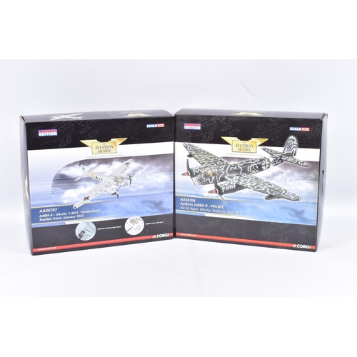 160 - TWO LIMITED EDITION CORGI AVIATION ARCHIVE 1:72 SCALE DIECAST MODEL AIRCRAFTS, the first is a Ju88A-... 