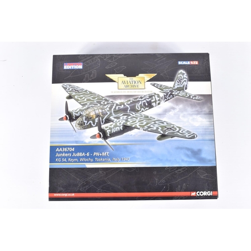 160 - TWO LIMITED EDITION CORGI AVIATION ARCHIVE 1:72 SCALE DIECAST MODEL AIRCRAFTS, the first is a Ju88A-... 