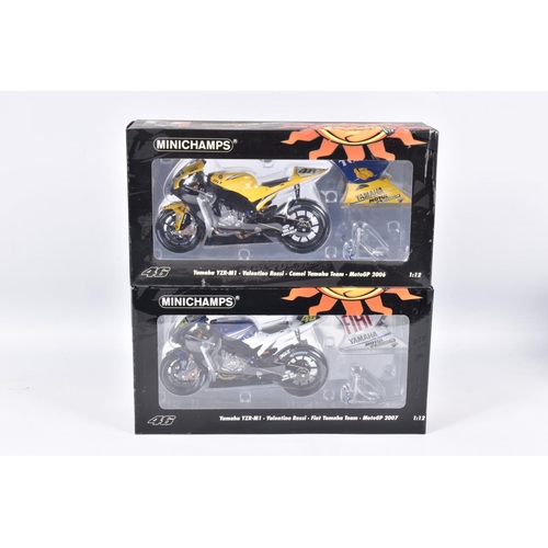 165 - TWO BOXED MINICHAMPS 1:12 SCALE VALENTINO ROSSI COLLECTION MODEL MOTORCYCLES, the first is a Yamaha ... 