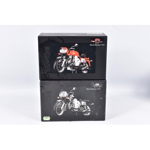 166 - TWO BOXED MINICHAMPS CLASSIC BIKE SERIES 1:12 SCALE DIECAST MODEL MOTORCYCLES, the first is a Munch ... 